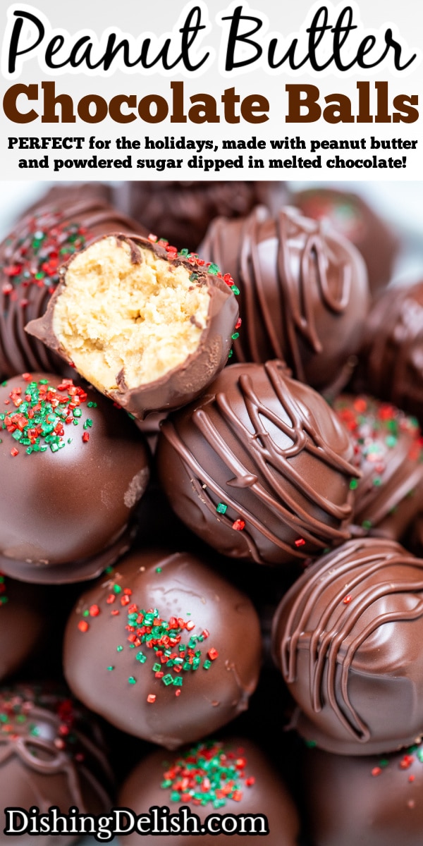 Pinterest pin with chocolate covered peanut butter balls piled on a plate with one cut in half on top, topped with drizzled chocolate and sprinkles on a table.