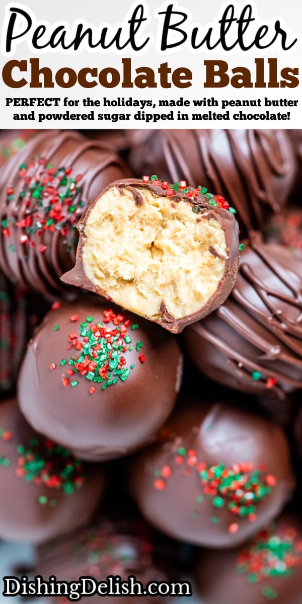 Pinterest pin with chocolate covered peanut butter balls piled on a plate with one cut in half, topped with drizzled chocolate and sprinkles on a table.