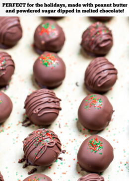 Pinterest pins with peanut butter chocolate balls sitting on a piece of parchment paper on a sheet pan.