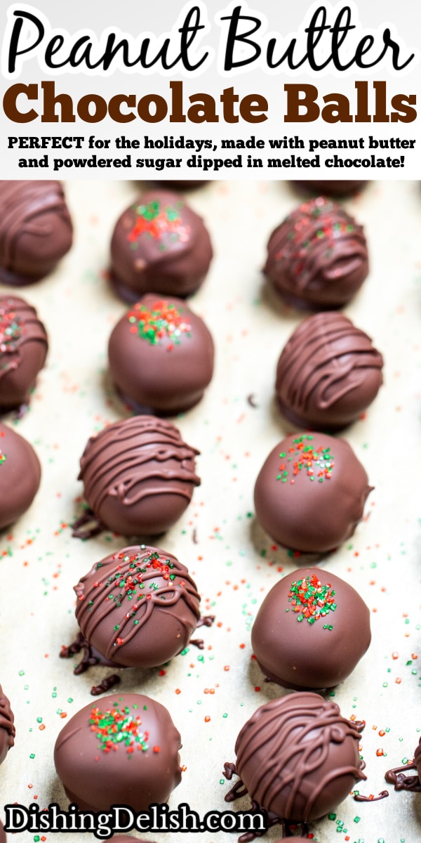 Pinterest pins with peanut butter chocolate balls sitting on a piece of parchment paper on a sheet pan.