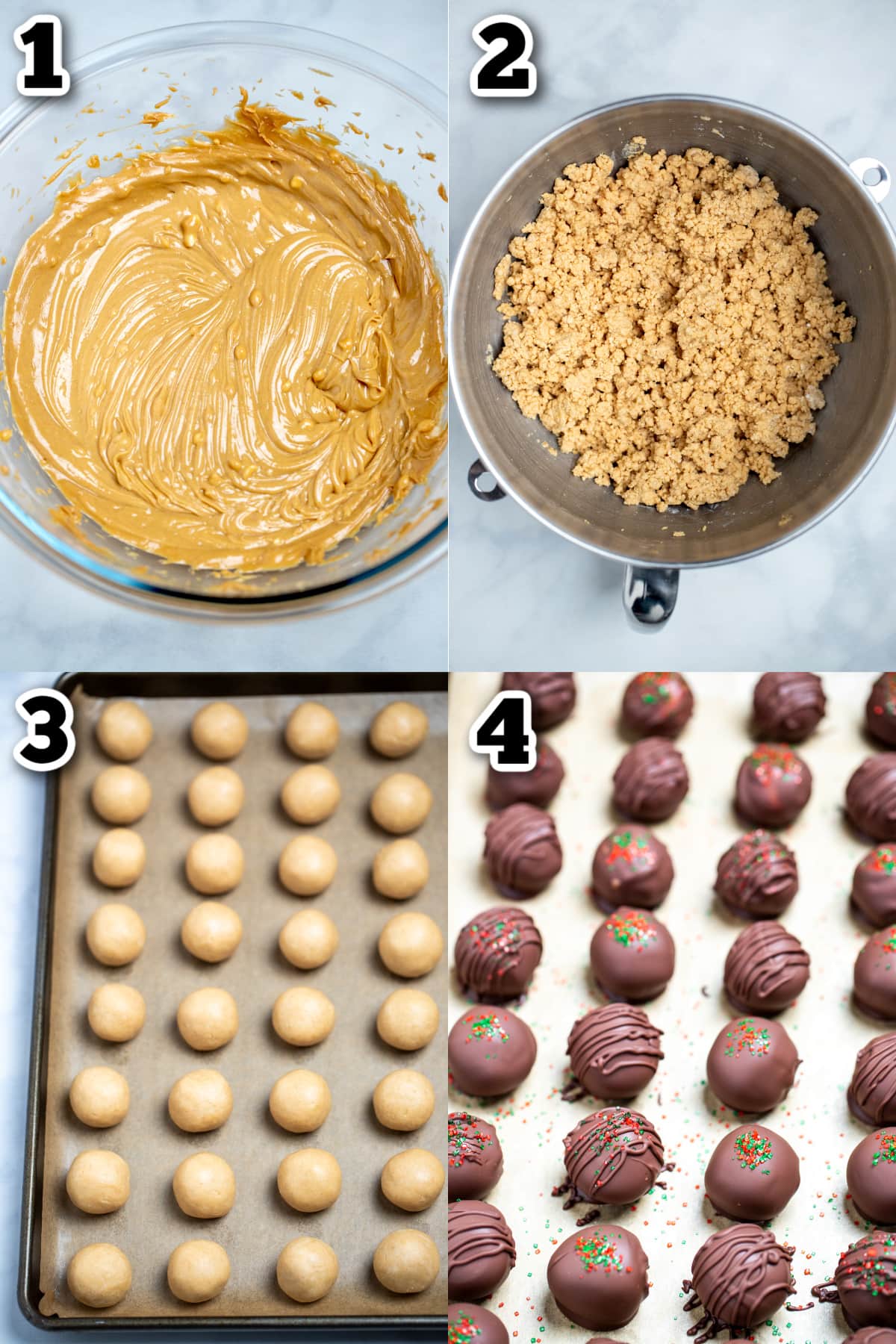 Step by step photos for how to make chocolate covered peanut butter balls.