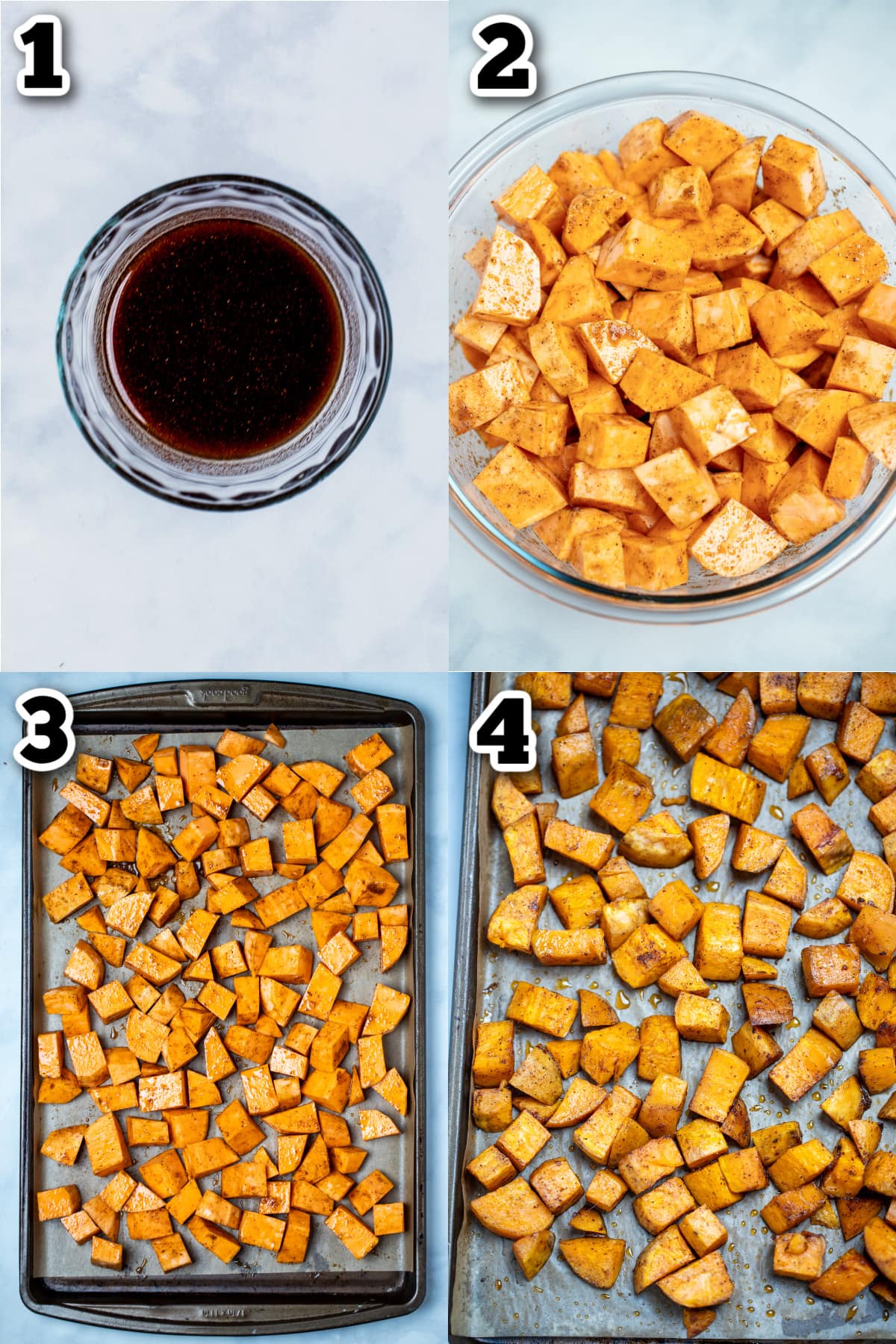 Step by step photos for how to make roasted sweet potato cubes.