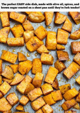 Pinterest pin with roasted sweet potato cubes on a sheet pan with parchment paper.