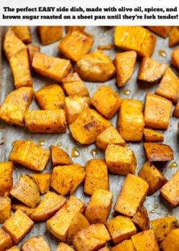 Pinterest pin with roasted sweet potato cubes on a sheet pan with parchment paper.
