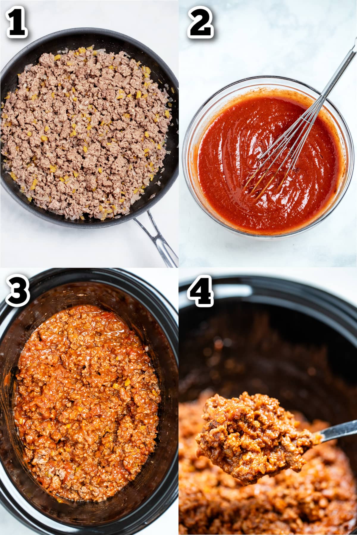 Step by step photos for how to make slow cooker sloppy joes.