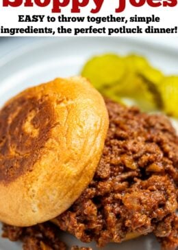 Pinterest pin with a toasted burger bun full of crockpot sloppy joes with pickles in the background on a plate.