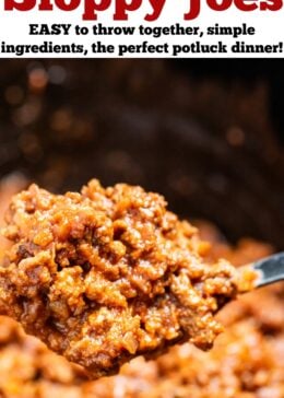 Pinterest pin with a spoon scooping sloppy joes filling out of a slow cooker.
