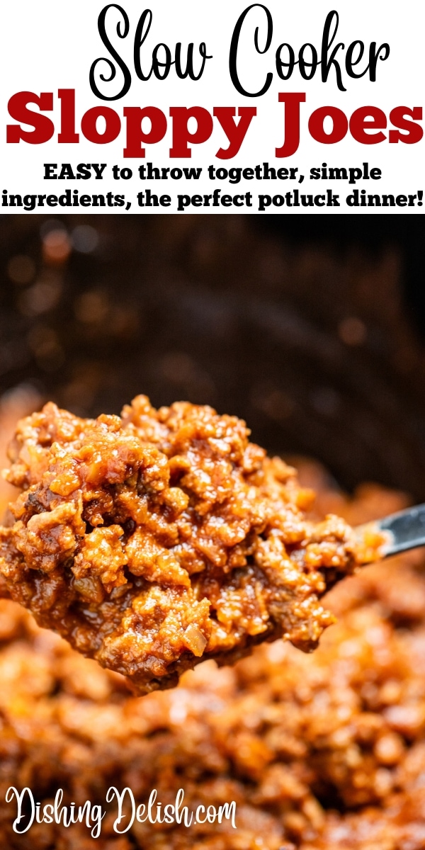 Pinterest pin with a spoon scooping sloppy joes filling out of a slow cooker.