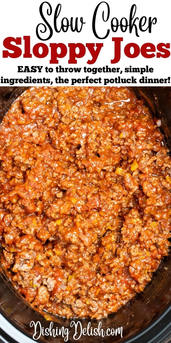 Pinterest pin with a crockpot full of sloppy joes filling.