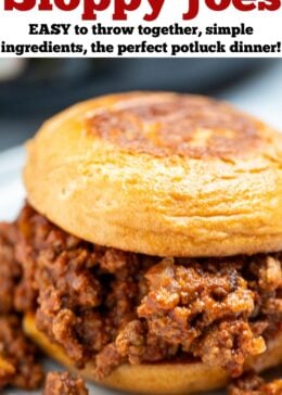 Pinterest pin with a toasted burger bun full of crockpot sloppy joes on a plate.