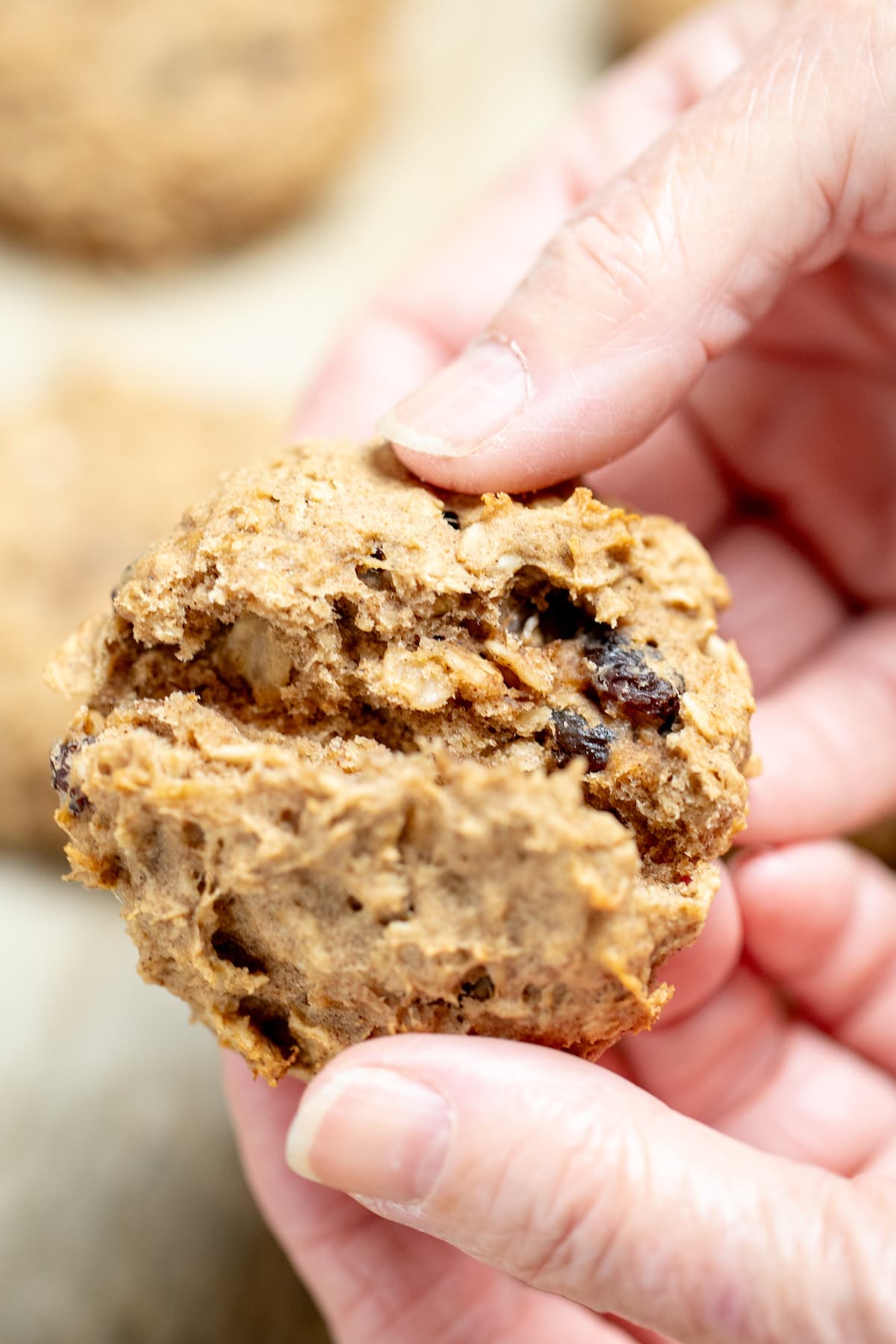 Two hands holding an oatmeal breakfast cookie and breaking it in half to show the chewy cookie center.