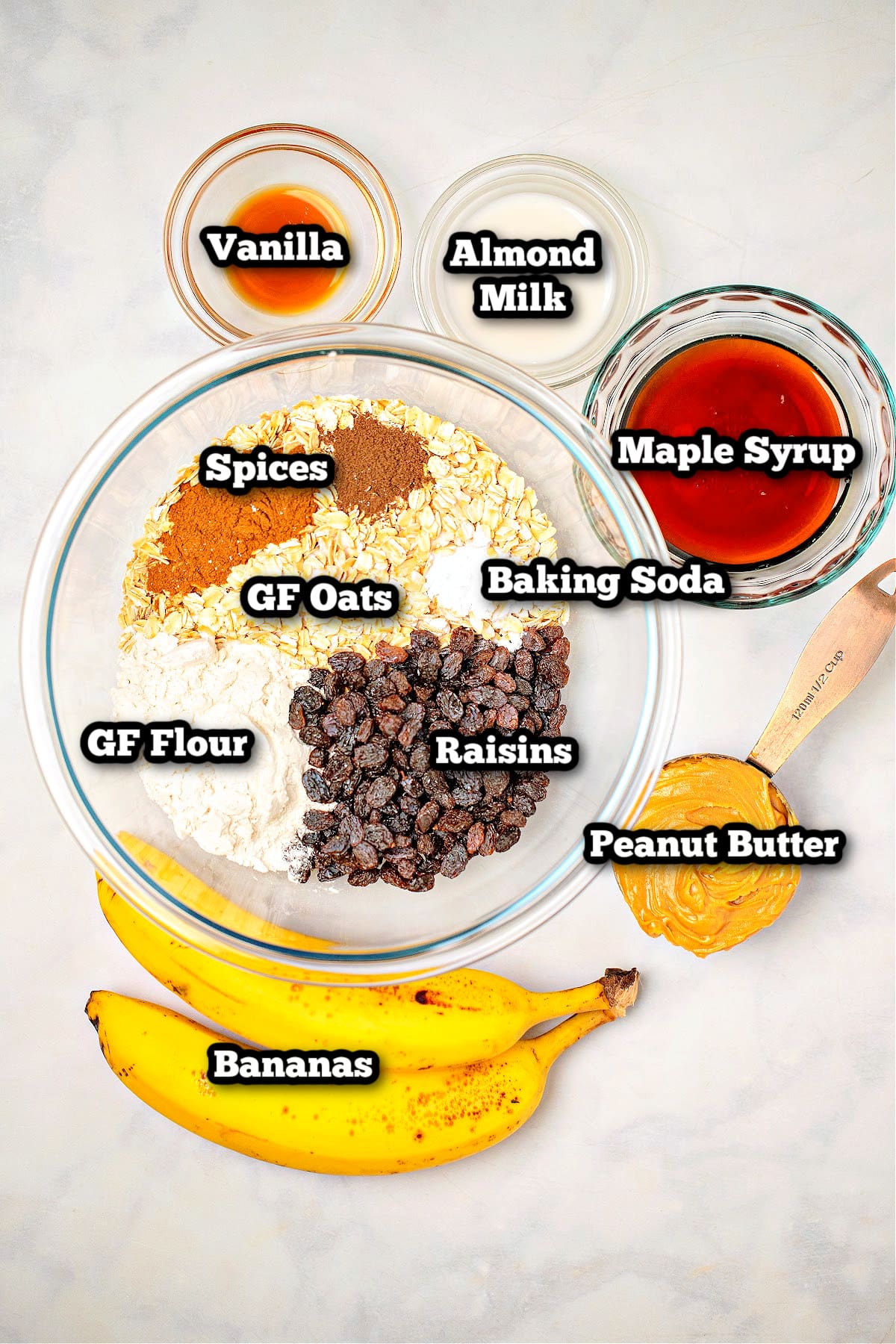 Ingredients for oatmeal breakfast cookies sitting on a table.