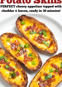 Pinterest pin with a plate holding four air fryer potato skins.