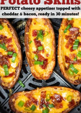 Pinterest pin with four potato skins fully cooked in an air fryer basket.