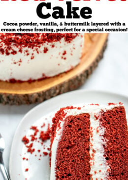 Pinterest pin with a piece of gluten free red velvet cake on a plate in front of the whole cake on a wooden cake plate.