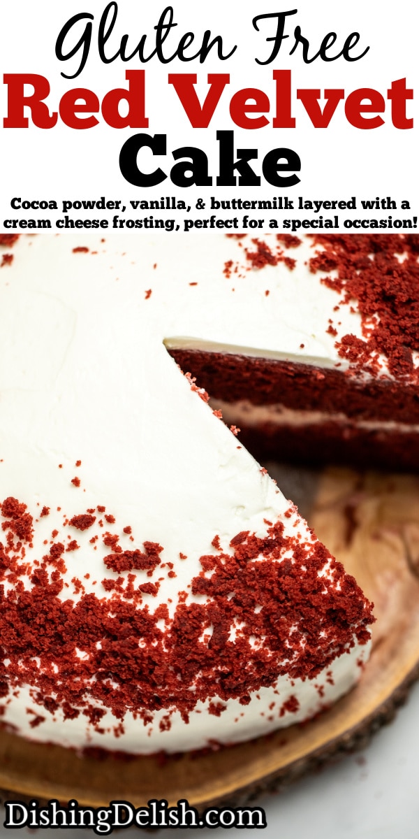 Pinterest pin with a gluten free red velvet cake on a wooden cake plate with a piece of cake missing.