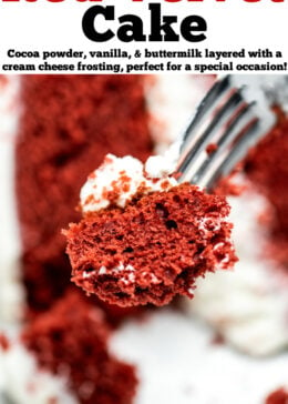 Pinterest pin with a closeup of a fork with a piece of red velvet cake, with a piece of cake on a plate in the background.