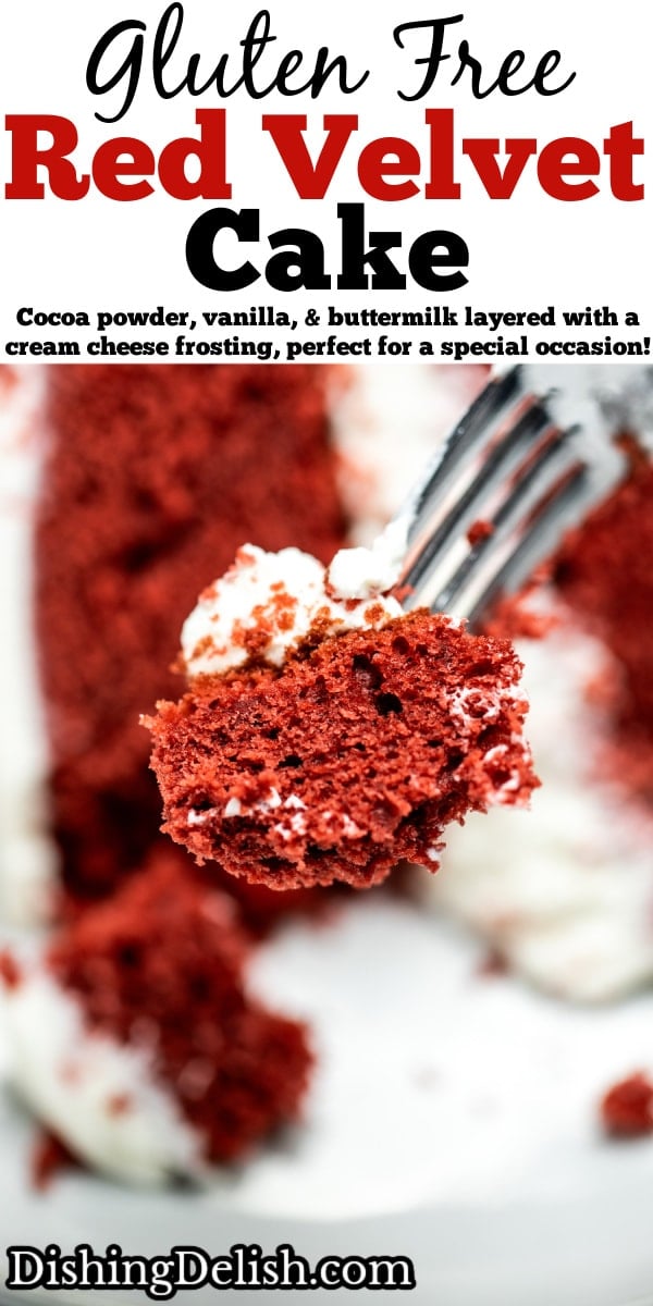 Pinterest pin with a closeup of a fork with a piece of red velvet cake, with a piece of cake on a plate in the background.