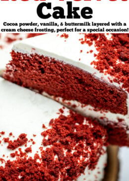 Pinterest pin with a double-layer gluten free red velvet cake on a wooden cake plate with a piece of cake being lifted up.
