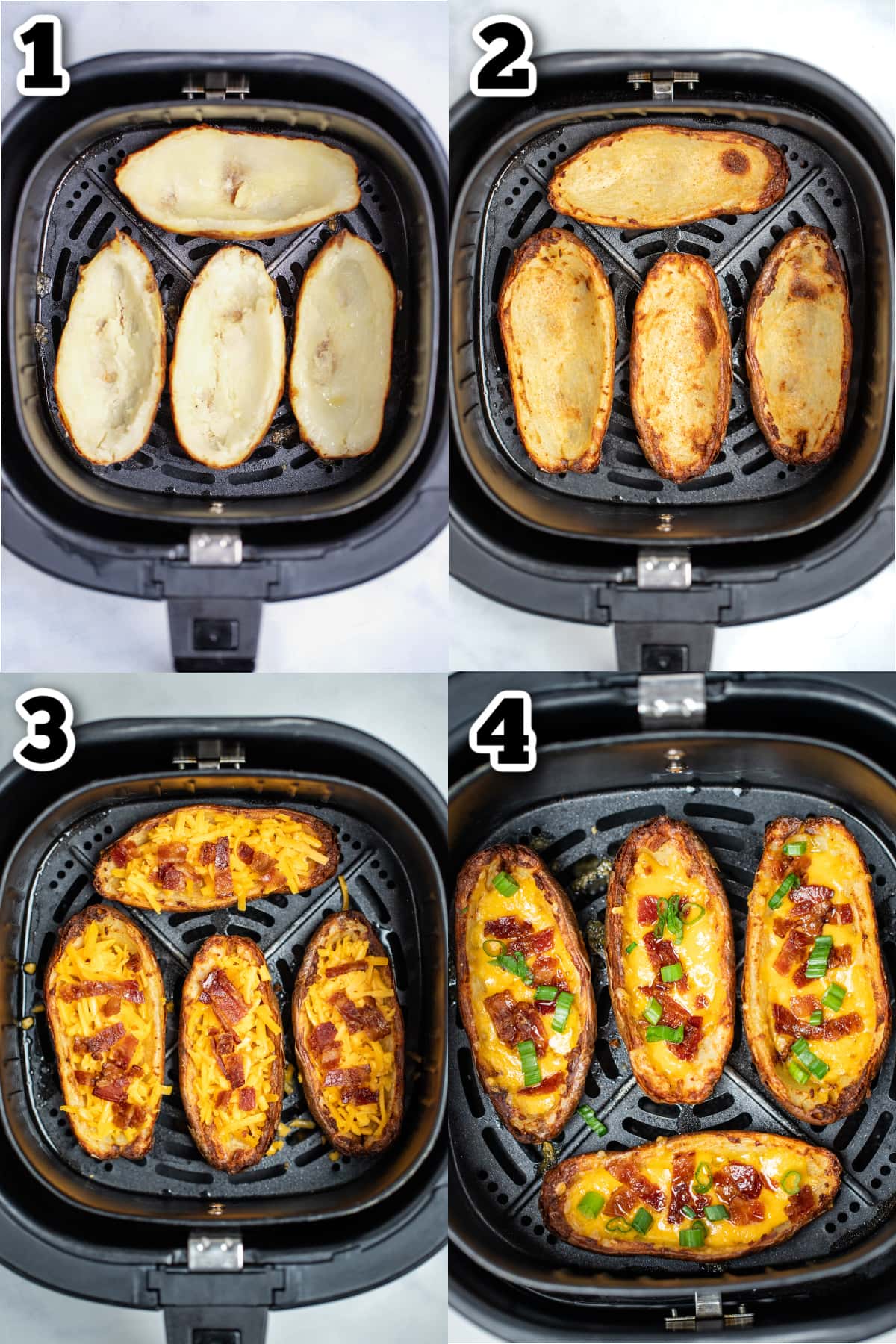 Step by step photos for how to make Air Fryer Potato Skins.