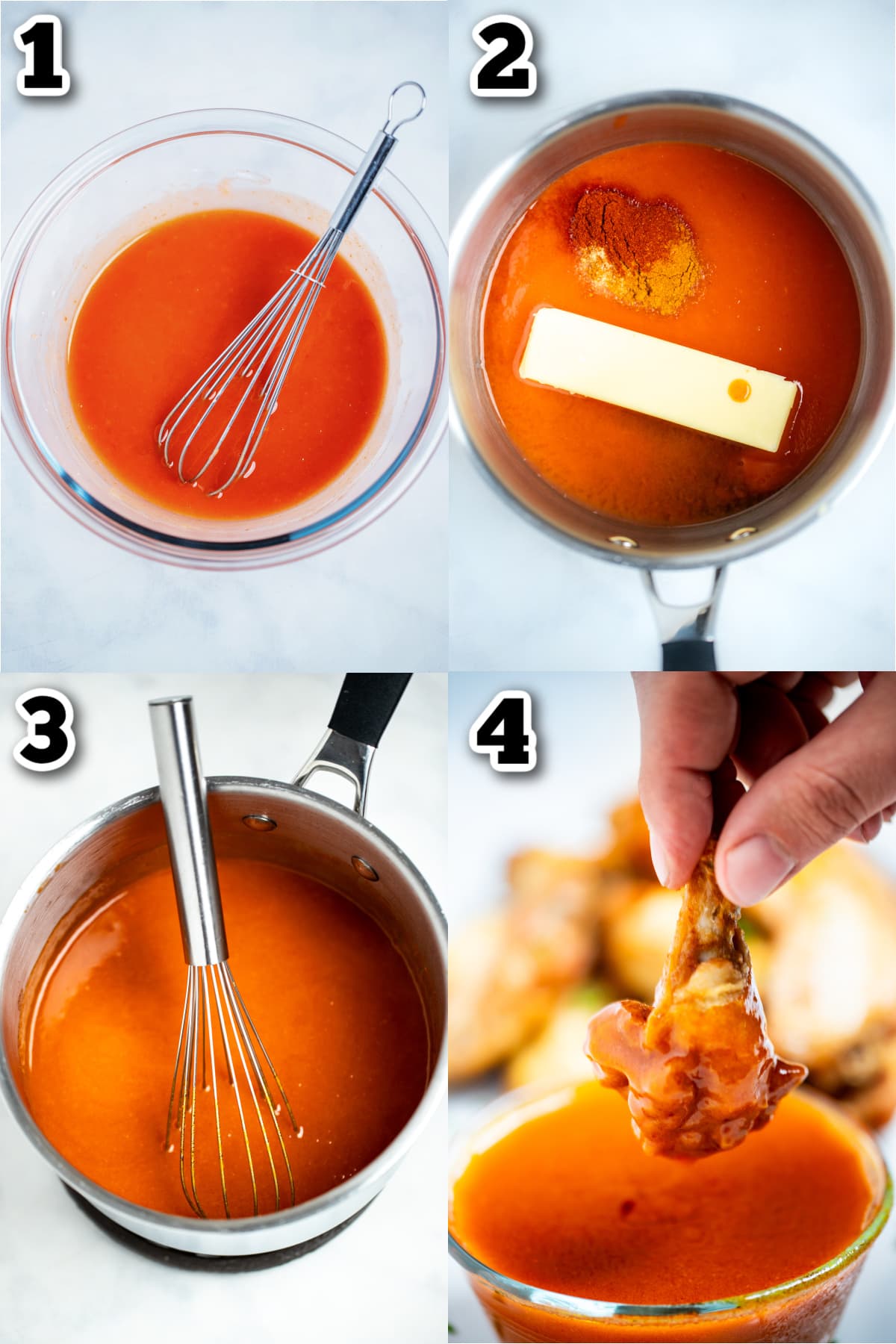 Step by step photos for how to make homemade buffalo wing sauce.