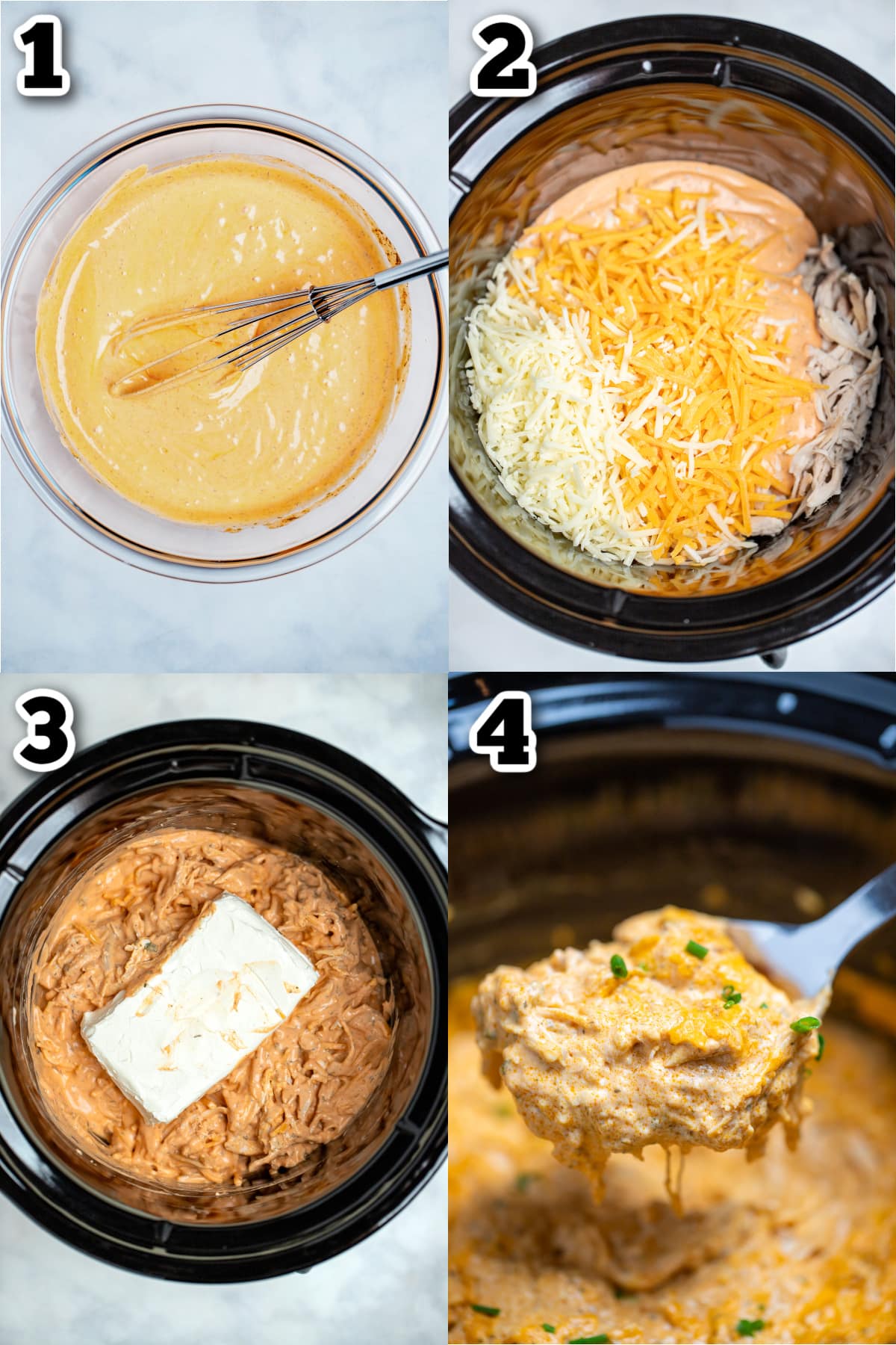 Step by step photos for how to make slow cooker buffalo chicken dip.