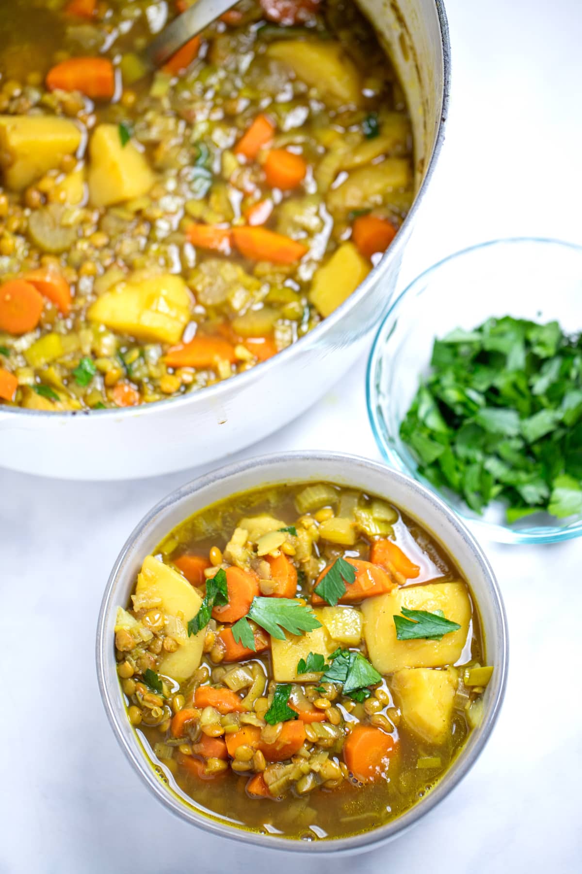 A bowl of lentil soup with carrots, potatoes, lentils, and leeks topped with chopped parsley on a table in front of a dutch oven of soup and a small bowl of fresh chopped parsley.