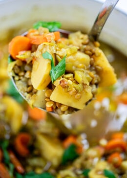 A ladle scooping lentil vegetable soup with carrots, potatoes, leeks, and lentils out of a pot.