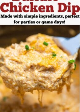 Pinterest pin with a spoon lifting buffalo chicken dip out of a slow cooker topped with chives.