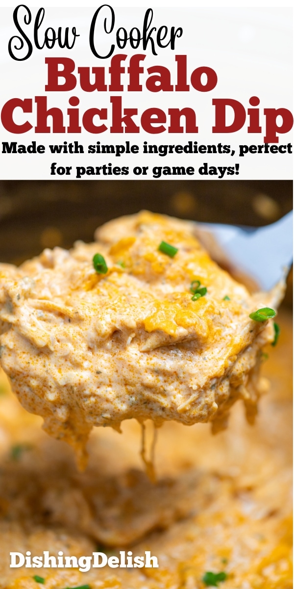 Pinterest pin with a spoon lifting buffalo chicken dip out of a slow cooker topped with chives.