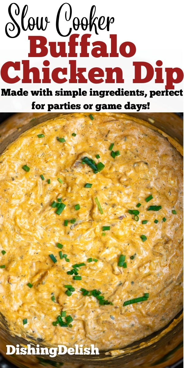 Pinterest pin with a slow cooker of buffalo chicken dip topped with chives.