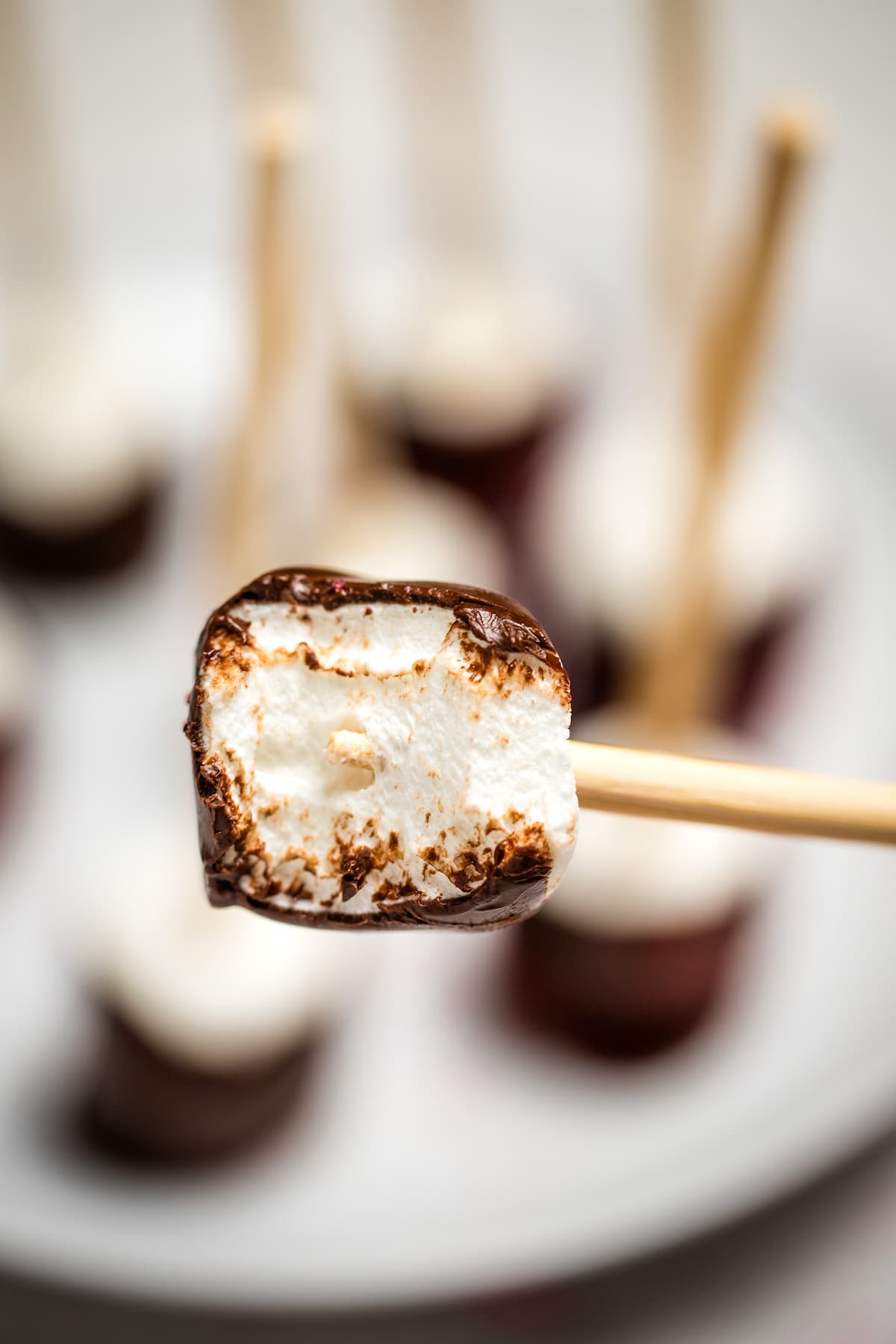 A chocolate dipped marshmallow on a stick with a bite taken out of it, with a plate of more chocolate marshmallows in the background.