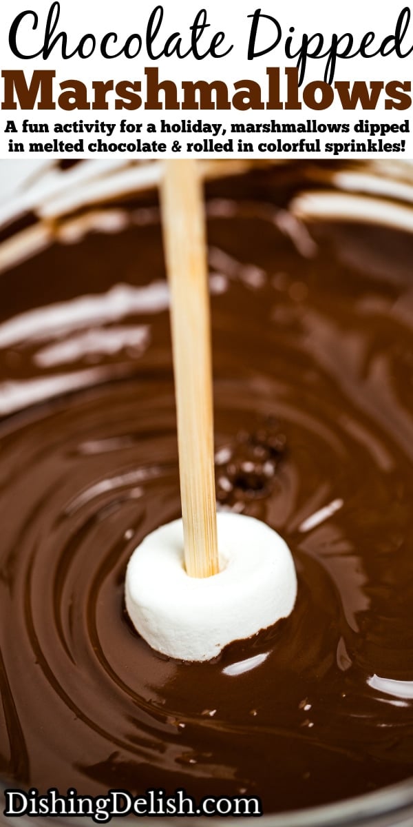 Pinterest pin with a marshmallow on a stick being dipped into a bowl of melted chocolate.