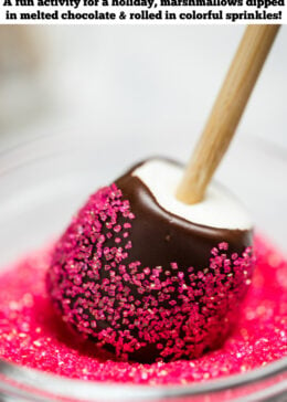 Pinterest pin with a chocolate dipped marshmallow on a lollipop stick, being rolled in pink sprinkles in a small glass bowl.