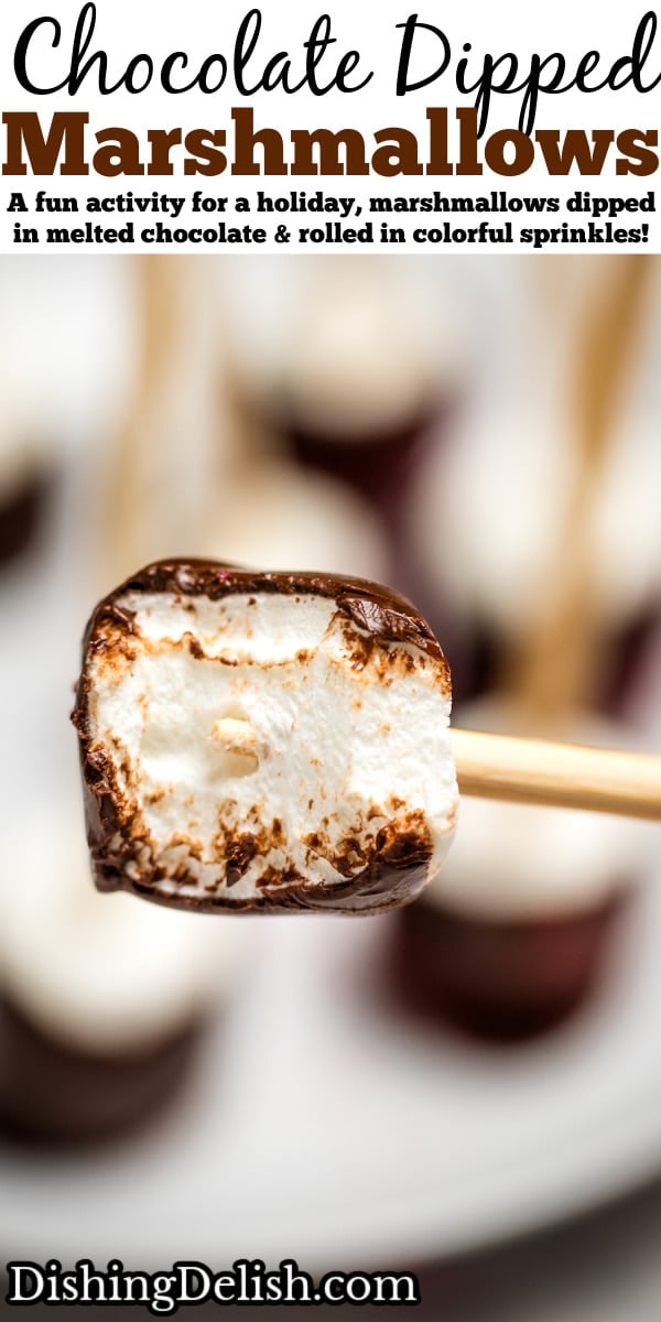 Pinterest pin with a chocolate dipped marshmallow on a stick with a bite taken out of it, with a plate of more chocolate marshmallows in the background.