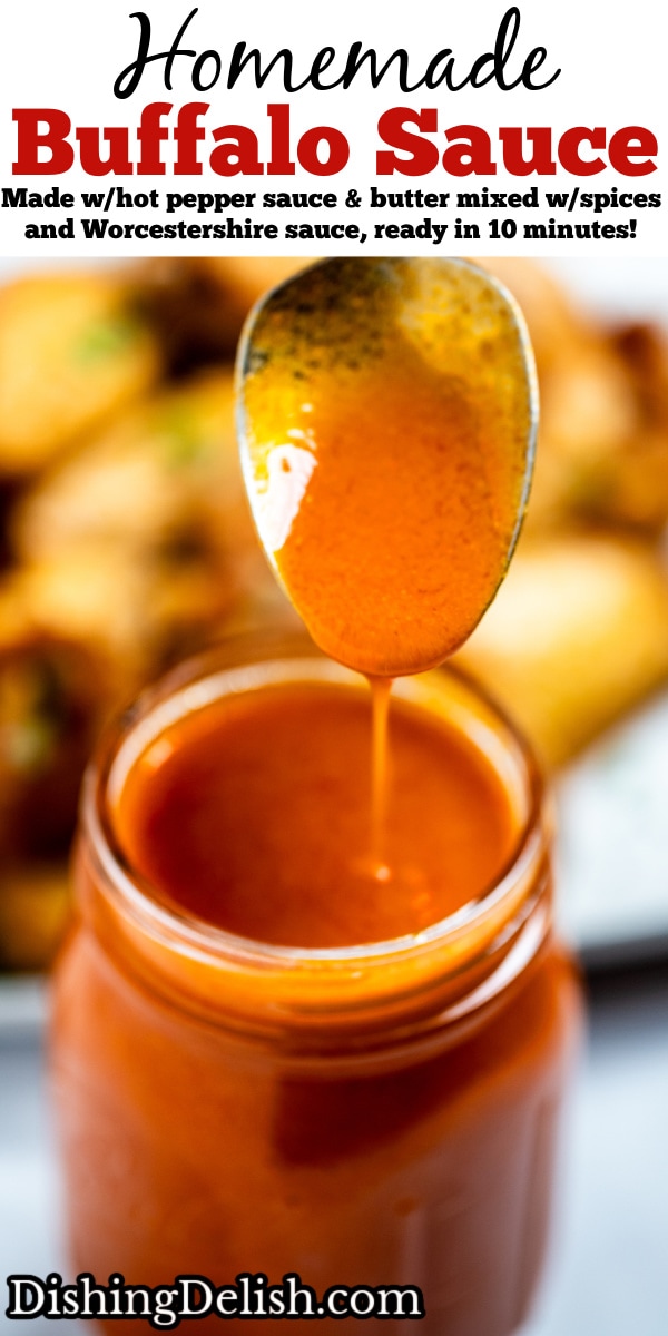 A pinterest pin with a jar of homemade buffalo wing sauce with a spoon over it, and a plate of wings in the background.