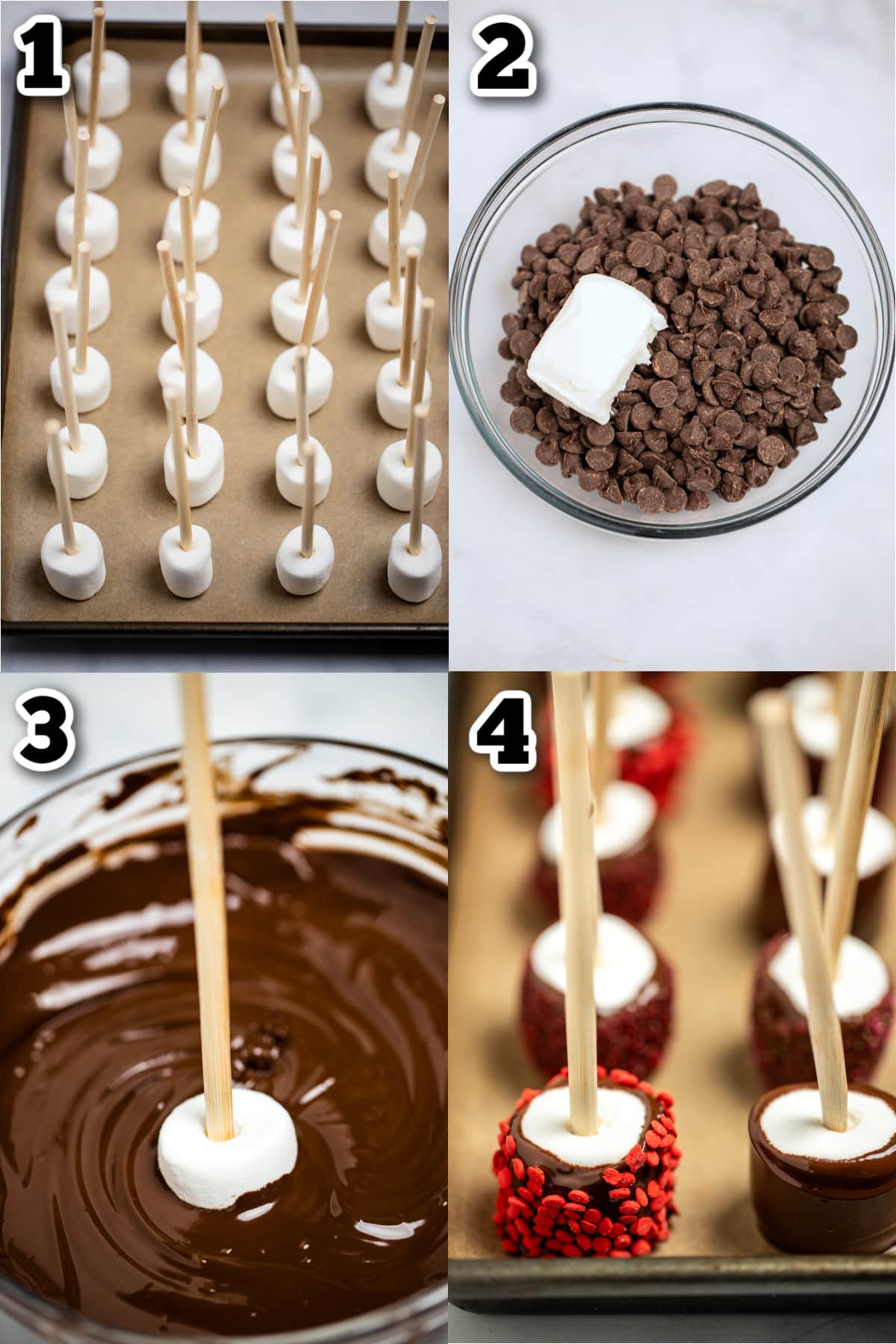 Step by step photos for how to make chocolate dipped marshmallows.