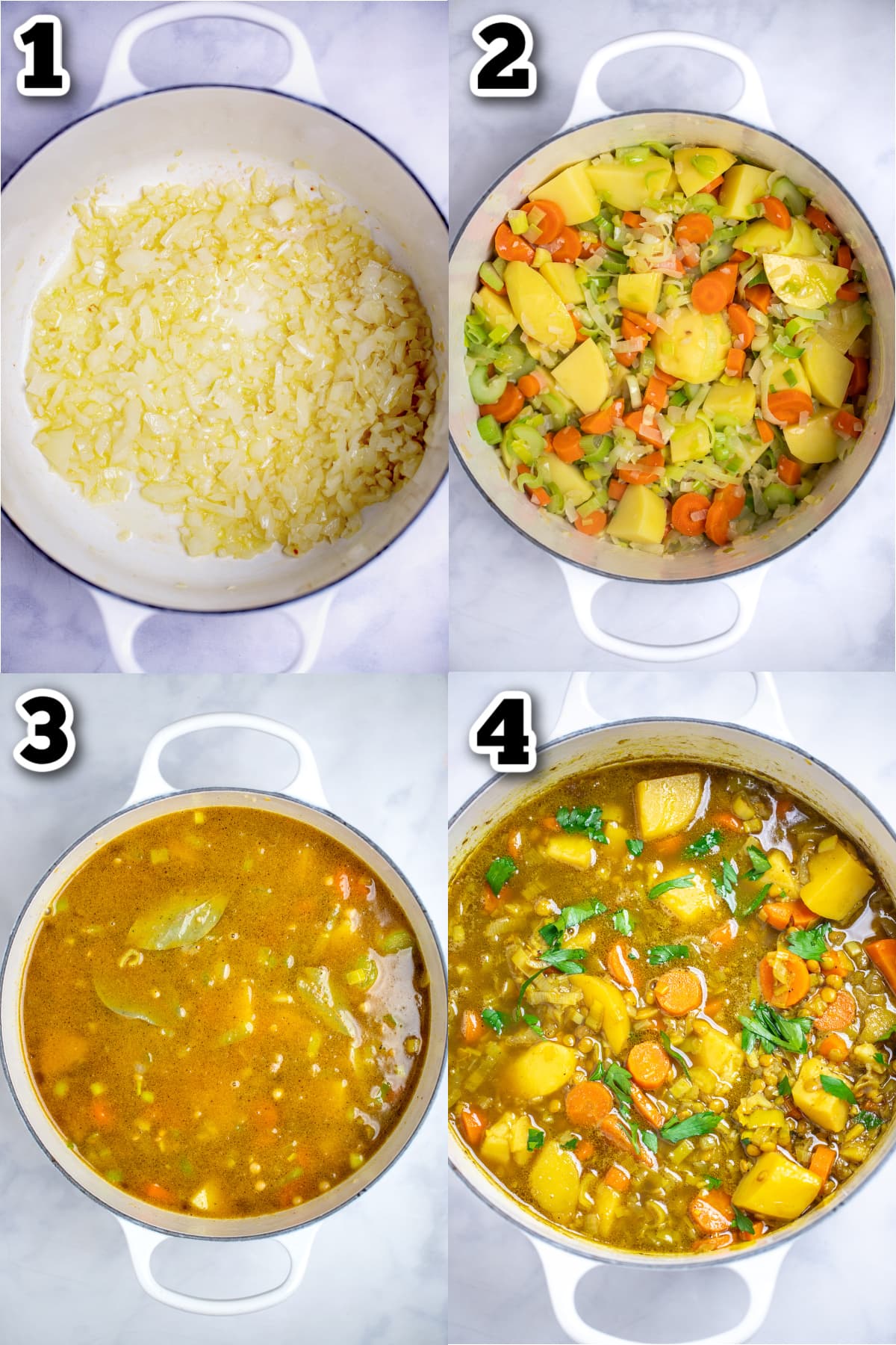 Step by step photos for how to make lentil vegetable soup.