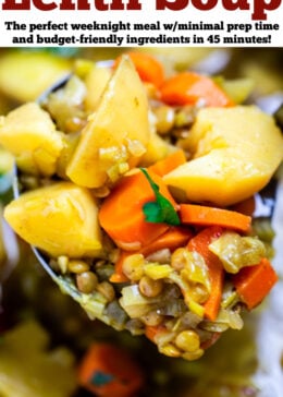 Pinterest pin with a ladle scooping lentil vegetable soup with carrots, potatoes, leeks, and lentils out of a pot.