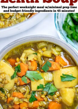 Pinterest pin with a bowl of lentil soup with carrots, potatoes, lentils, and leeks topped with chopped parsley on a table in front of a dutch oven of soup and a small bowl of fresh chopped parsley.