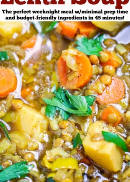 Pinterest pin with a pot of lentil vegetable soup with potatoes, lentils, leeks, and carrots topped with chopped parsley.