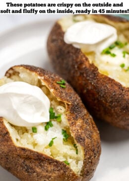 Pinterest pin with two baked potatoes topped with butter, chives, and sour cream on a plate.