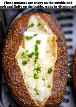 Pinterest pin with a fully cooked baked potato topped with butter, chives, and sour cream sitting in an air fryer basket.