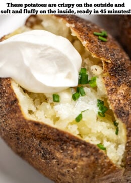 Pinterest pin with a closeup of a baked potato topped with butter, chives, and sour cream.
