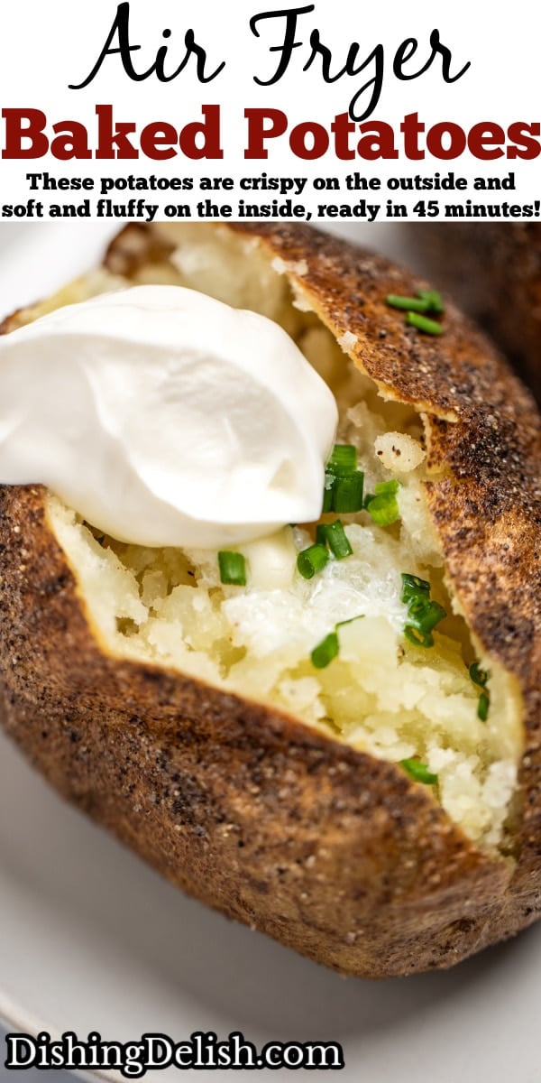 Pinterest pin with a closeup of a baked potato topped with butter, chives, and sour cream.