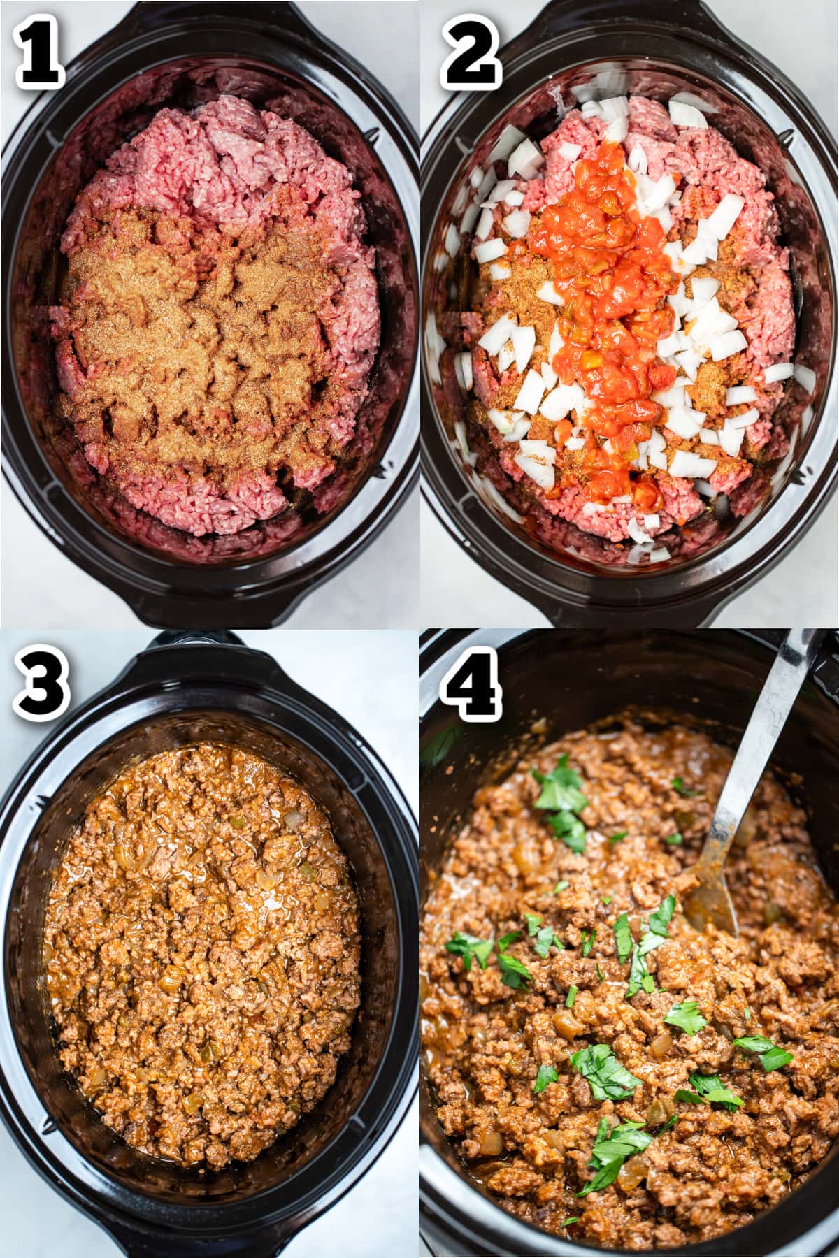 Step by step photos for how to make slow cooker taco meat.