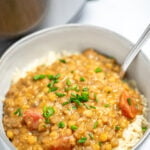 A bowl with rice topped with lentils and chives, with a spoon in the bowl, sitting on a table in front of an instant pot.