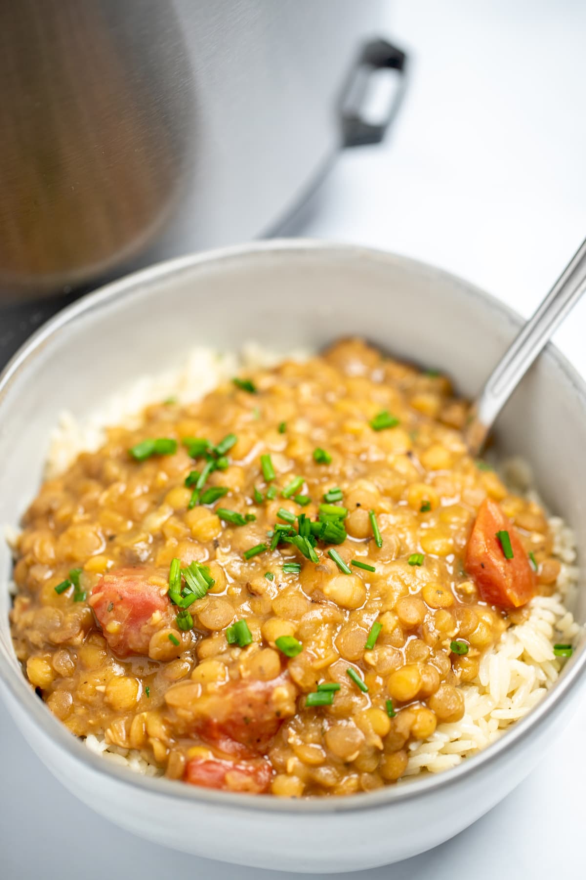 A bowl with rice topped with lentils and chives, with a spoon in the bowl, sitting on a table in front of an instant pot.