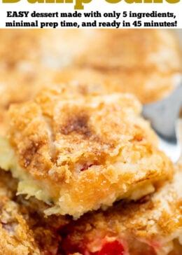 Pinterest pin with a spatula taking a piece of pineapple dump cake out of the baking dish.