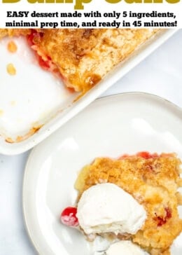 Pinterest pin with a piece of pineapple dump cake topped with ice cream on a plate with a fork next to a baking dish of cake.